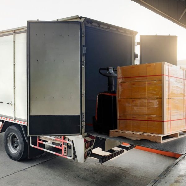 Cargo Truck Container Loading Packaging Boxes at Dock Warehouse. Cargo Shipment. Supply Chain. Warehouse Shipping. Industry Freight Truck Transport Logistics.